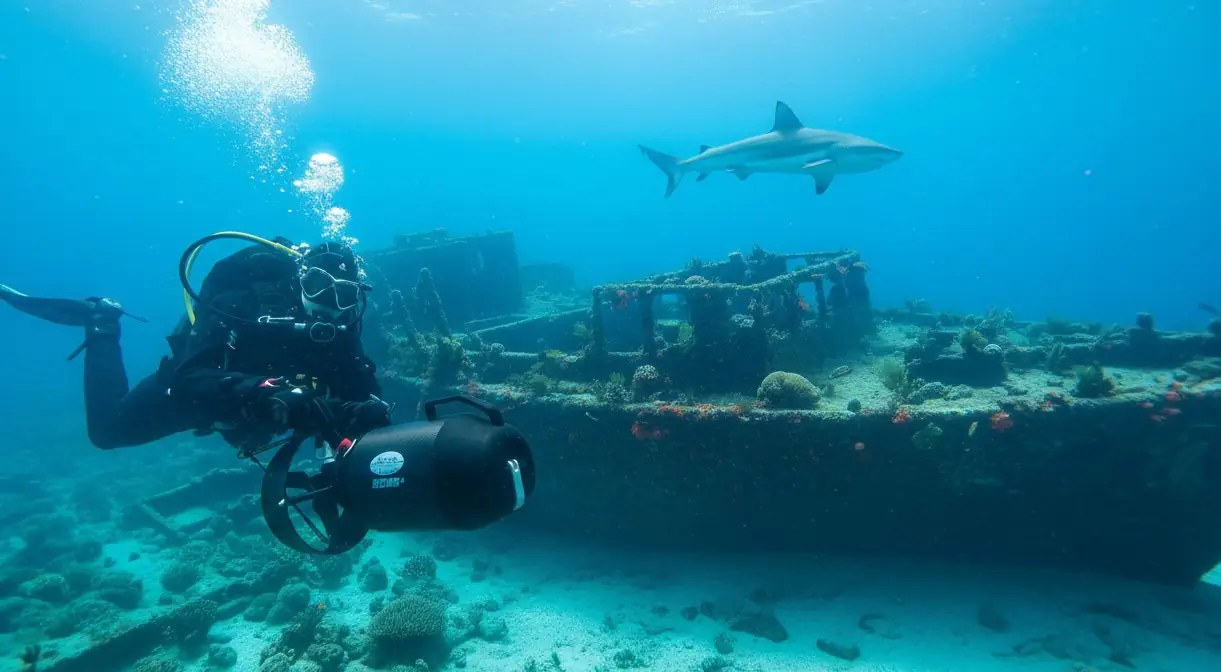 Diving Beyond Limits – Deine Tauchschule in St. Pölten – Taucher mit Scooter vor einem Wrack